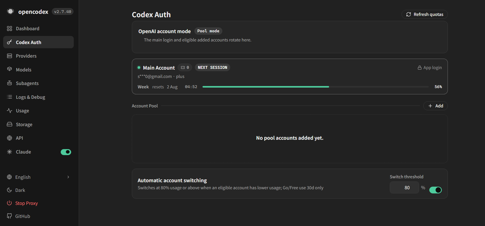 OpenCodex Codex Auth 帳號池頁面，信箱已遮罩