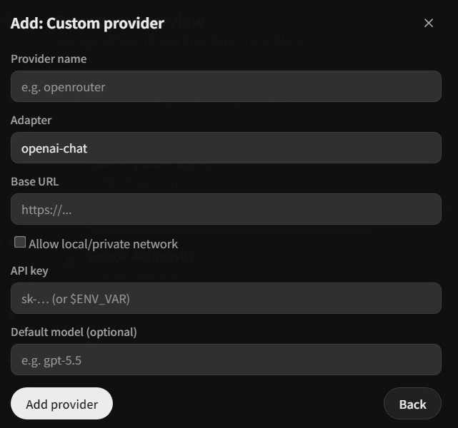 OpenCodex 自訂 Provider 表單