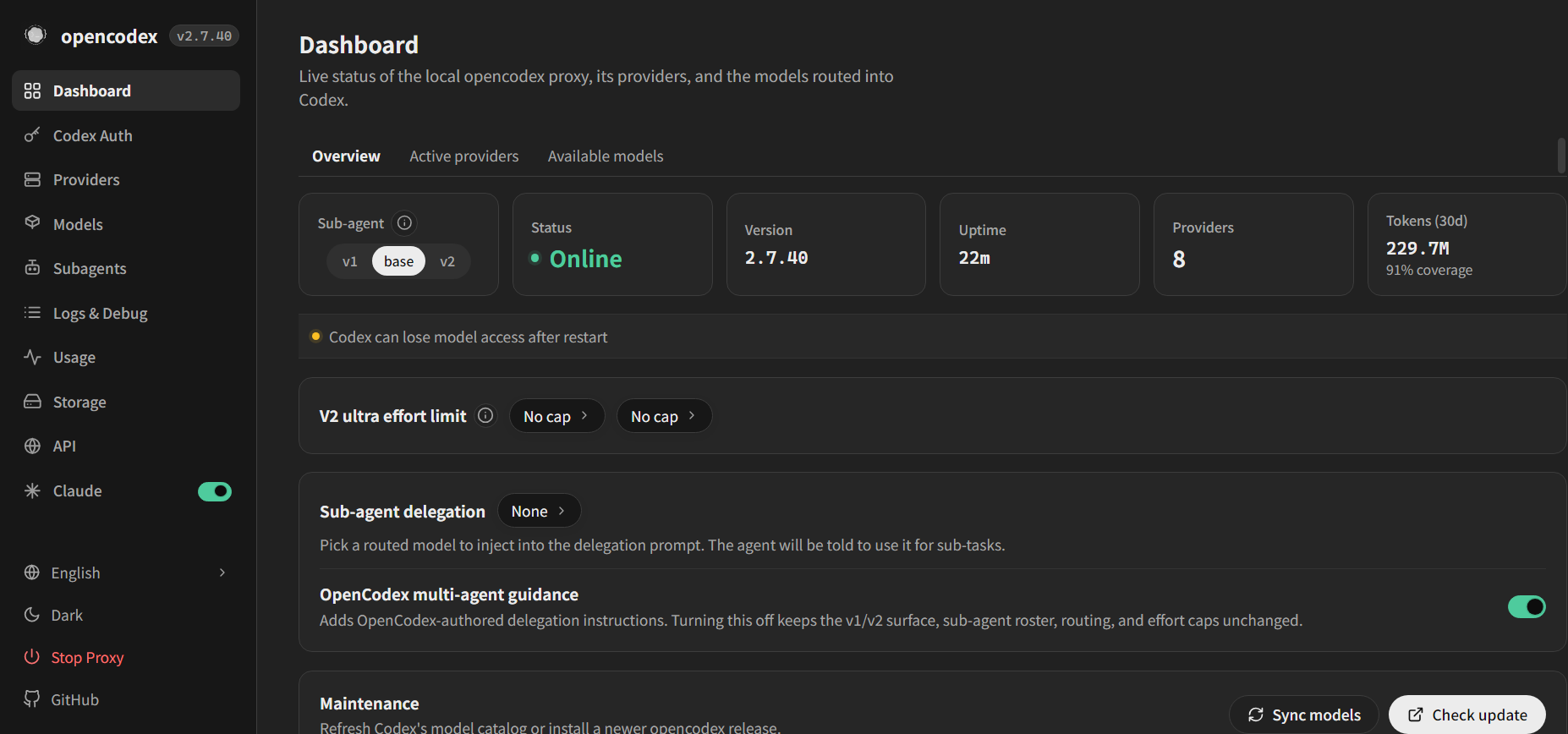 OpenCodex Dashboard，顯示代理狀態與摘要資訊