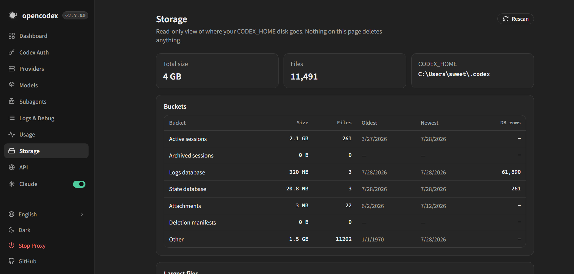 OpenCodex Storage 儲存治理頁面